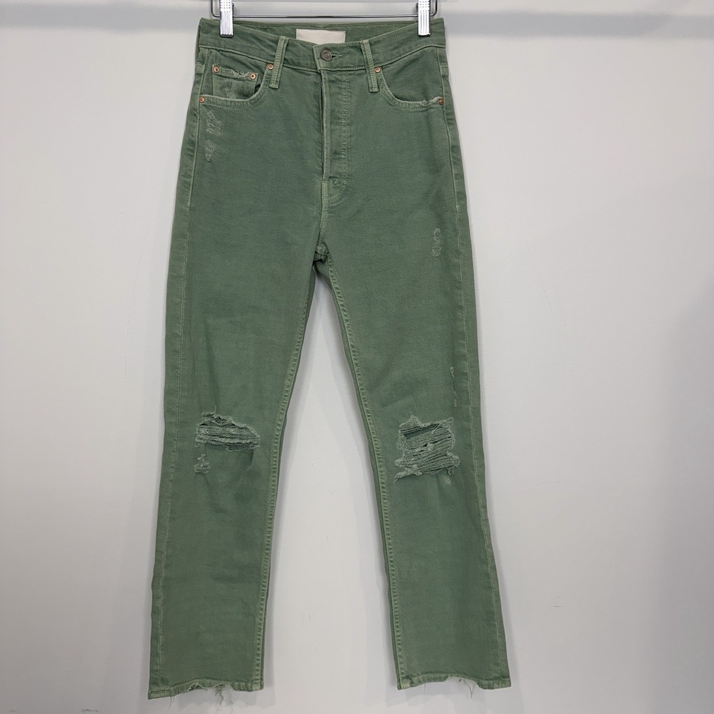 Mother Superior Tomcat Ripped Crop Jeans 26 High Rise Green Distressed Denim